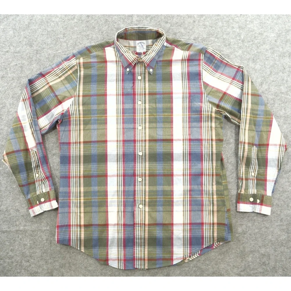 Brooks Brothers Shirt Mens Large Brown Red Button Down Plaid Long Sleeve